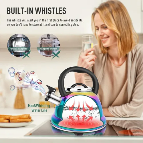 Vista 2 de Hervidor de Té Weftnom, Hervidor 3.7QT, Tetera Silbante de Acero Inoxidable 316, Hervidor de Té para Estufa con Mango Plegable de Enfriamiento