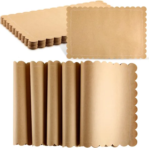 Vista 9 de 100 manteles individuales desechables de papel kraft marrón, rectangular, rústico, estampado, festoneado, marrón, para bodas, aniversarios, fiestas