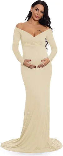 Vista 2 de ZIUMUDY - Vestido ajustado de maternidad con cuello en V fruncido, hombros descubiertos, manga larga, maxivestido para fotografía
