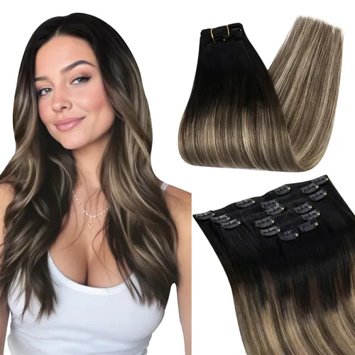 Vista 10 de Ugeat Extensiones de cabello humano con clip de 12 pulgadas, extensiones de cabello balayage con clip, marrón chocolate ombre, extensiones