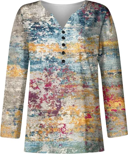Vista 2 de Camiseta de manga larga con cuello en V para mujer, estampado vintage