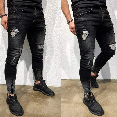 Vista 2 de TIMEMEANS Pantalones de mezclilla ajustados elásticos para hombre, desgastados, rasgados, pantalones de mezclilla ajustados