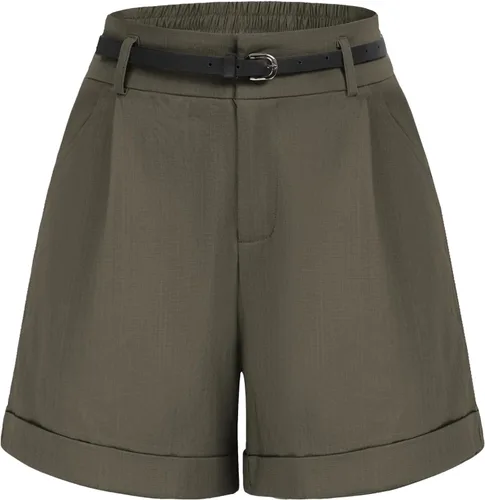 Vista 10 de Belle Poque Bermudas para mujer, cintura elástica, pantalones cortos de pierna ancha con bolsillos y cinturones Negro