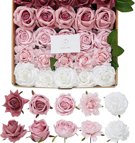 Vista 10 de TINGE TIME - Flores artificiales, 25 piezas, rosas azules degradado de aspecto real con tallo para manualidades, ramos de novia, centros de mesa