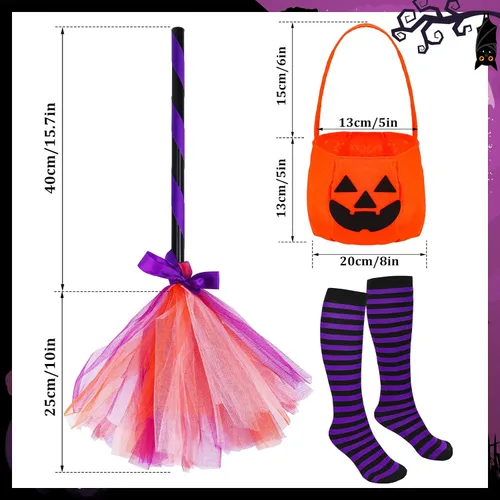 Vista 3 de Hercicy Juego de 5 piezas de disfraz de bruja de Halloween, calcetines a rayas para festival, bolsa de truco o trato de calabaza para niños y niñas