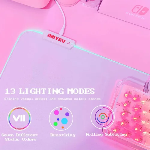 Vista 3 de JMIYAV Alfombrilla de mouse blanca para juegos RGB, base de goma antideslizante, extra grande, fresca, XL, XXL, accesorios para juegos, luz LED