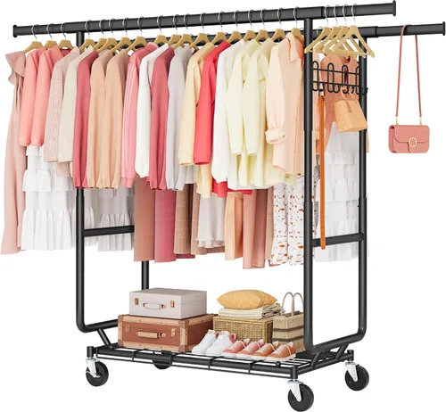 Vista 12 de Hoctieon Perchero de montaje de 1 minuto, 480 libras, percheros de ropa rodantes resistentes con ruedas, perchero plegable para ropa, barra Plata