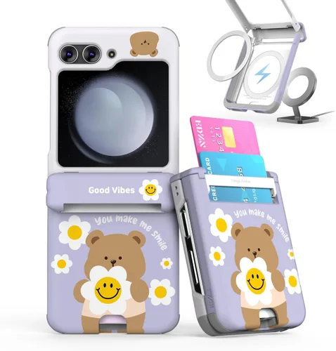 Vista 9 de para Galaxy Z Flip 5 Funda con 2 ranuras para tarjetas, funda rígida delgada y resistente con protección de bisagra, funda completa con protección