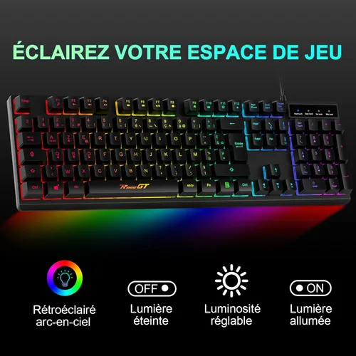 Vista 5 de RaceGT AZERTY - Teclado y mouse para juegos, teclado y mouse con cable, teclado retroiluminado ergonómico, teclado silencioso para PC con teclado