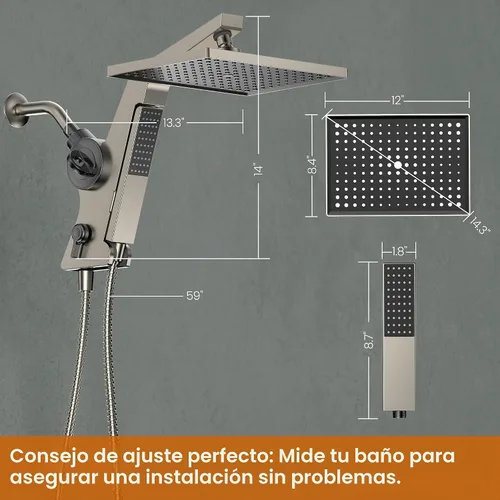 Vista 2 de JDO Cabezal de ducha de lluvia filtrado de 12 pulgadas con spray de mano Níquel cepillado