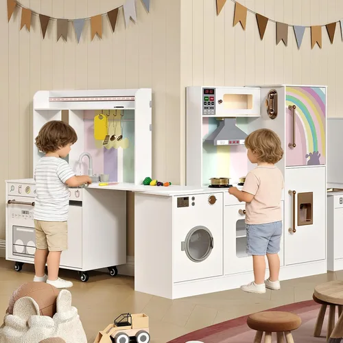 Vista 4 de Juego de cocina de esquina de madera para niños, cocina de juego grande con fregadero con agua corriente, estufa con luz y sonido, máquina de hielo