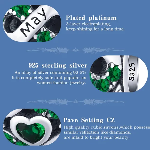 Vista 3 de Cuentas de plata de ley 925 con piedra natal para pulseras y collares, regalos de cumpleaños para mujeres y niñas., Plata de ley, Sin gemas.