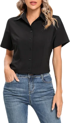 Vista 4 de Camisas de oficina de manga corta para mujer, estilo informal, elegante, con botones, cuello en V