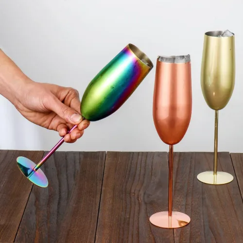 Vista 7 de Copas de champán de acero inoxidable, juego de 4 copas de vino irrompibles de 9.5 onzas, copas elegantes de tallo para tostadas a mano, para bodas