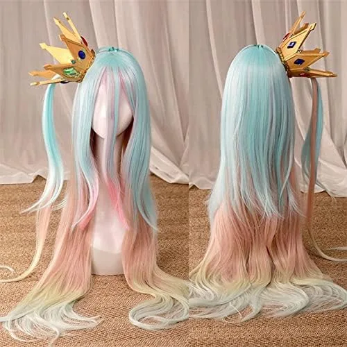 Vista 2 de No Game No Life Shiro Sora Cosplay Peluca Gradual Azul Rosa Amarillo Largo Liso Anime Pelo Sintético Adulto Juego De Rol Cosplay Peluca