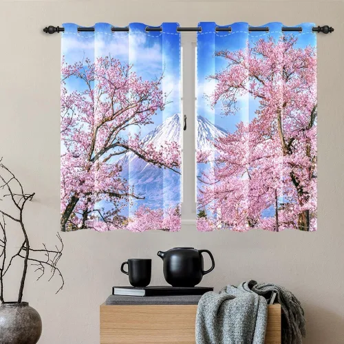 Vista 65 de Cortinas japonesas con pintura de tinta, monte Fuji, sol rojo, puesta de sol, hojas de bambú, cortinas de ventana para dormitorio, sala de estar