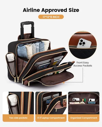 Vista 3 de LOVEVOOK Bolso para portátil rodante para mujer, maletín con ruedas de 17.3 pulgadas, equipaje de mano blando para debajo del asiento, artículo