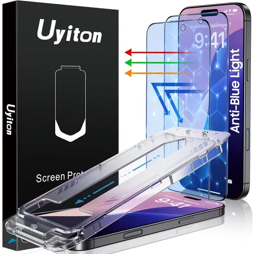 Vista 13 de Uyiton Protector de pantalla anti-luz azul para iPhone 15, protector de pantalla de vidrio irrompible de cobertura completa, resistente a