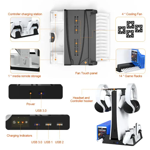 Vista 4 de PS5 Vertical Stand with Cooling Fan and Dual Controller Charger Station for Playstation 5 PS5 Console,JOYTORN PS5 Charging Dock Station with Headset
