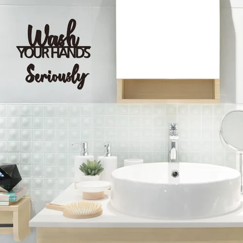 Vista 4 de Amyhill 2 juegos de decoración de pared de baño, lávate tus manos seriamente y por favor siéntate tú mismo, divertido letrero decorativo de madera