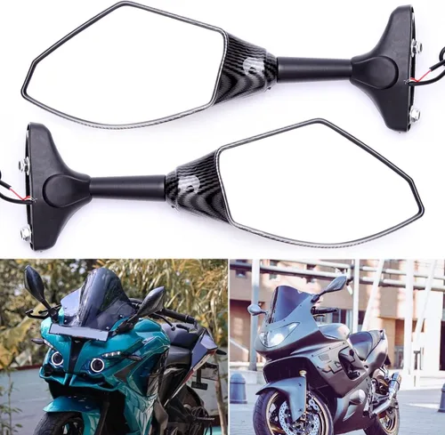 Vista 3 de Espejos Retrovisores con Indicadores LED de Señal de Giro para Motocicleta, para Motos de Carreras y Motos Deportivas (Carbono+Lente Ahumado)