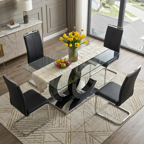 Vista 3 de Ebullient - Juego de mesa de comedor de vidrio para 4, set de mesa y sillas de 5 piezas, tapa de vidrio templado, juego de cena moderno con 4 sillas
