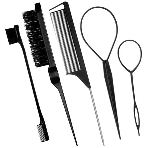 Vista 9 de 5 piezas de juego de cepillo Slick Back con herramienta Topsy Tail, cerdas para estirar, peine de rata para peinado de cabello de mujeres y niñas