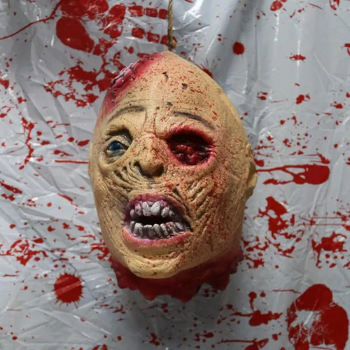 Vista 13 de Decoraciones colgantes de cabeza dividida para Halloween, cuerpo sangriento aterrador, cuerpo sangriento, tamaño real, real, accesorios de colgante