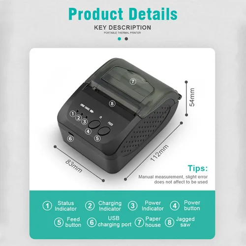 Vista 6 de Impresora térmica de recibos, Bluetooth 2.283 in Mini impresora POS con impresión de alta velocidad de 3.543 in/s, compatible con sistemas Android