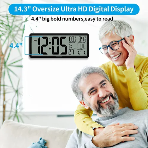 Vista 2 de Geevon Reloj atómico grande de 14.3 pulgadas con temperatura interior y exterior, reloj de pared digital que funciona con pilas, día y fecha