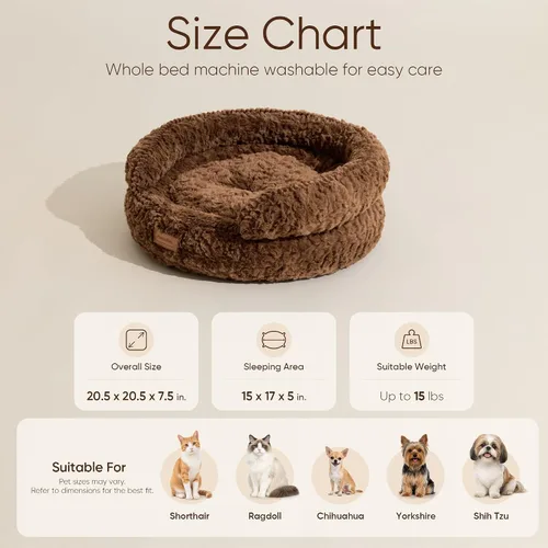 Vista 7 de FUKUMARU Cama para gatos de interior, cama para perros pequeños, lavable Marrón
