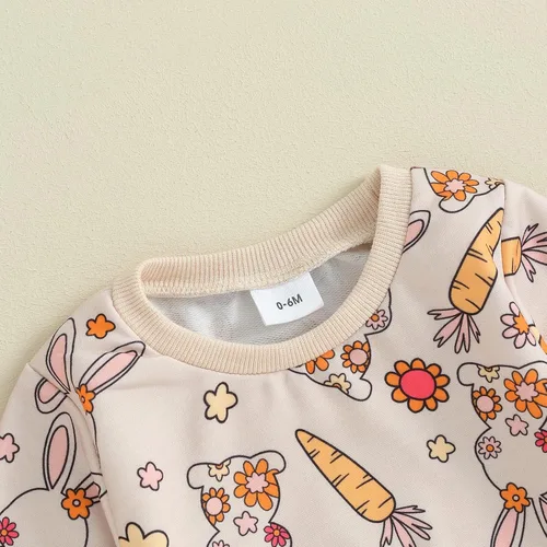 Vista 4 de Conjunto de 2 piezas de sudadera con estampado de conejito de manga larga para bebés, niños y niñas, 2 piezas, ropa de primavera para bebés