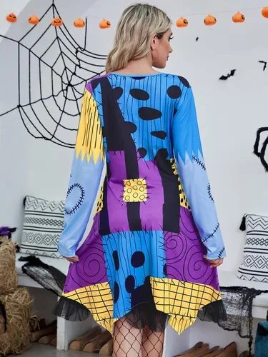 Vista 6 de Disfraces de Halloween para mujer, manga larga, cuello en V, retazos, cosplay, vestido multicolor