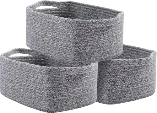 Vista 11 de OIAHOMY Cestas tejidas de cuerda de algodón para almacenamiento, cesta de almacenamiento rectangular para guardería con asas para estantes, paquete