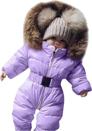 Vista 8 de Ropa exterior mameluco cálido para bebé, chaqueta para bebé, traje de nieve para niñas, overol con capucha para niñas y niñas (marrón, 0-3 meses)