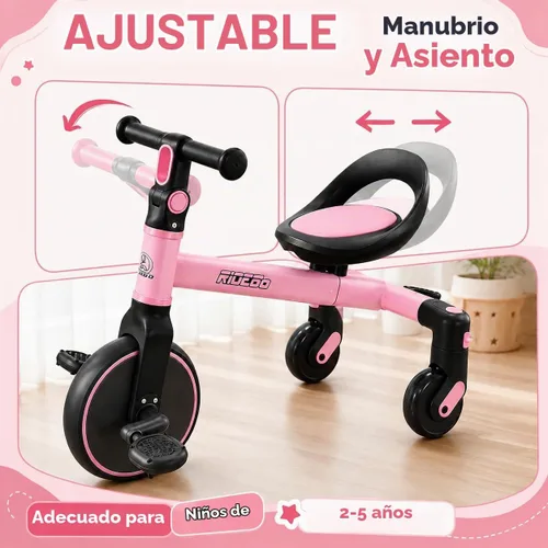 Vista 5 de Ridego Triciclo 3 en 1 para niños de 2 a 5 años, modos de caminante, pedal Rosa