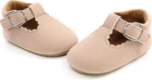 Vista 5 de SOFMUO Zapatos deportivos de cuero con cordones para bebés y niñas con suela de goma suave, mocasines Oxford para recién nacidos, mocasines