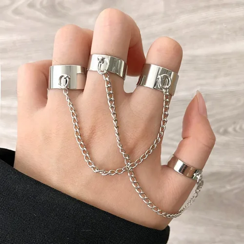 Vista 2 de Long tiantian Anillos de cadena punk para mujer, vintage, gruesos, nudillos, hongos, juego de anillos de cadena de mariposa, anillos de ojos