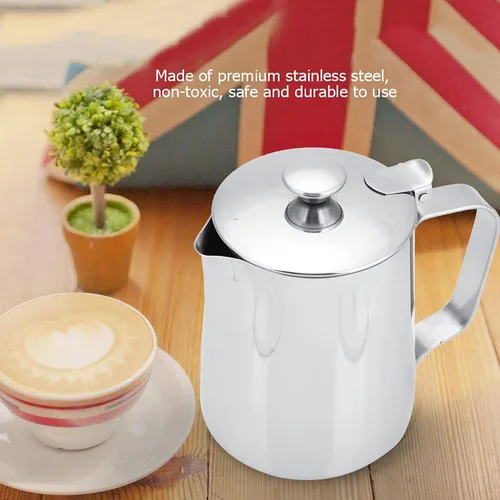 Vista 9 de Jarra de espuma de leche de acero inoxidable 11.8 fl oz con tapa, para arte con leche y espuma de café