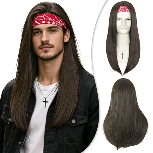 Vista 16 de Creamily Peluca marrón para hombre, disfraz de pelo corto, estilo cosplay marrón (Brown-1)