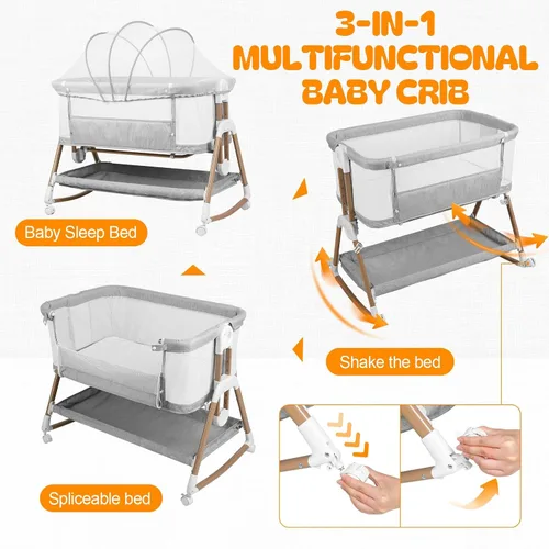 Vista 4 de Cuteam 3 in 1 Baby Bassinet with Rocking Mode and Bedside Crib Design Grey