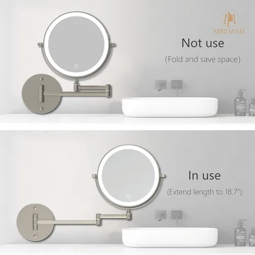Vista 4 de Espejo de maquillaje recargable montado en la pared iluminado para el tocador de 20 centímetros de doble cara con aumento 1X 10, espejo de baño