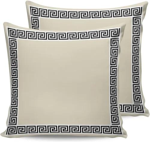 Vista 5 de Fundas de almohada modernas geométricas impermeables para exteriores, diseño abstracto de clave griega, color negro, blanco, fundas de cojín Beige