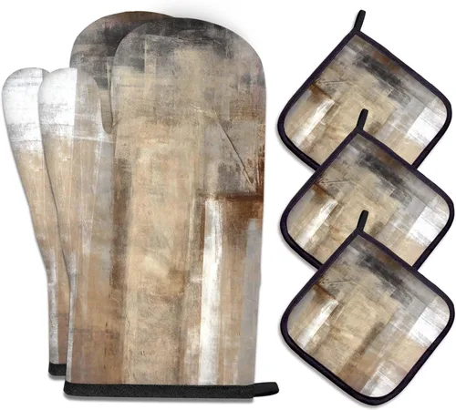 Vista 35 de MCALK Juego de 5 manoplas de horno y soportes para ollas, guantes abstractos para horno y almohadillas calientes para cocina de cocina, manoplas