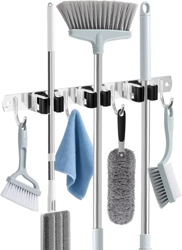 Vista 10 de Soporte de Pared para Escoba, Organizador de Escoba de Montaje en Pared de Acero Inoxidable y Colgador de Trapeador de Servicio Pesado, Organización