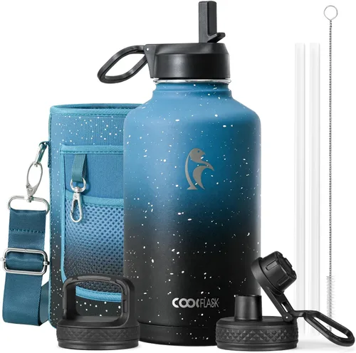 Vista 30 de Coolflask Botella de agua de 20 onzas aislada con pajilla, 3 tapas de metal de acero inoxidable, botella de agua de boca ancha para deportes u