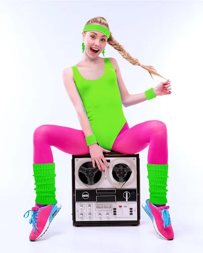 Vista 6 de SATINIOR Women 80s 90s Workout Costume Outfit Accessories Set Leg Warmers Headband Wristbands Earrings Swimwear Suit