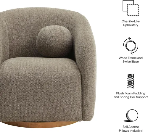 Vista 3 de Modway Holland - Sillón giratorio curvado en color gris pardo – Silla de barril de tela de chenilla con almohada de bola y base de madera – Silla