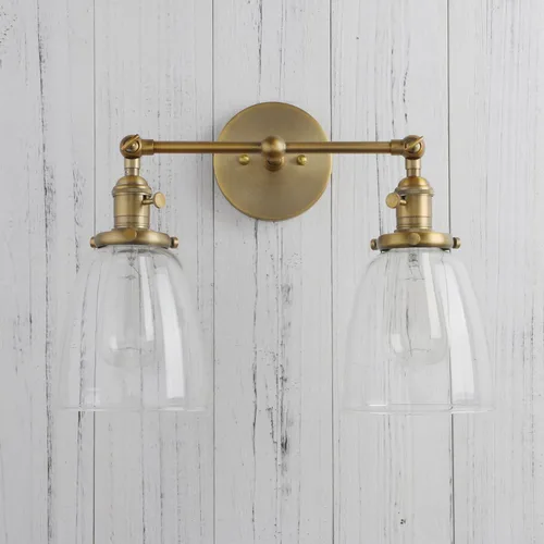 Vista 5 de PERMO Aplique doble vintage industrial antiguo 2 luces apliques de pared con cono ovalado pantalla de vidrio transparente (antiguo)