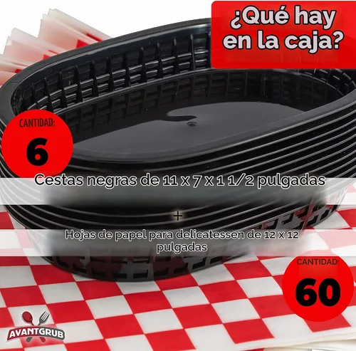 Vista 2 de Combo de cesta de comida rápida negra de estilo retro (paquete de 6) y forro de delicatessen a cuadros rojos (60 unidades). Las cestas clásicas
